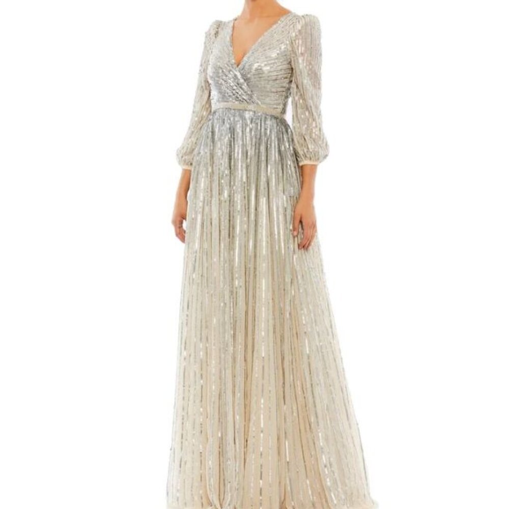 NWT Mac Duggal Sequined Wrap Over 3/4 Sleeve Gown 5509